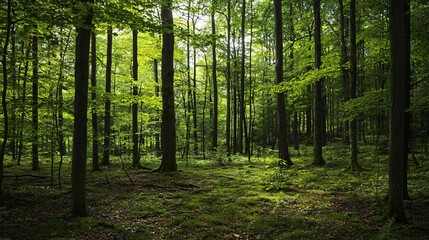 Fototapeta premium A lush green forest scene with tall trees and foliage