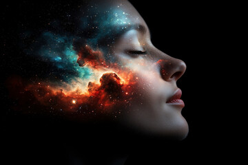 Obraz premium Cosmic Woman: A Serene Portrait of Inner Peace and Universal Connection