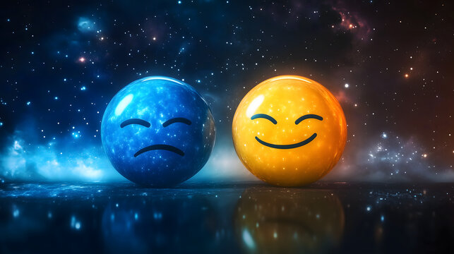 A surreal depiction of two spherical emoticons, one blue with a frown and one yellow with a smile, set against a vast cosmic galaxy background