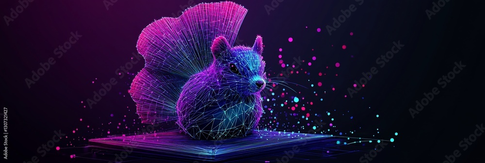 Poster neon polygonal squirrel sitting on a platform with particles.