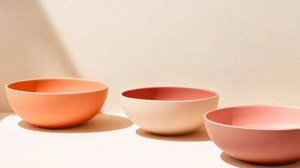 Three minimalist bowls in soft pastel color arranged on a light background, showcasing modern design