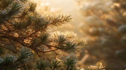 Obraz premium Golden Hour Pine Tree Branches Winter Sunrise
