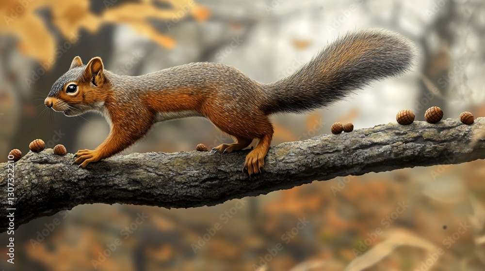 Poster red squirrel walking on a tree branch with acorns.