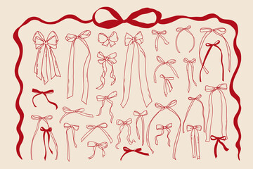 Set of red hand drawn bows. Vintage line art ribbon gift. Cute coquette wedding trendy bow sketch. Vector outline illustration