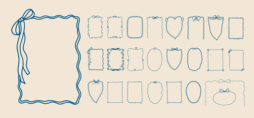 Set of doodle border frame design. Vintage ribbon bow line art corner sketch. Hand drawn coquette trendy cute wedding, menu, birthday invitation border card template. Vector outline illustration