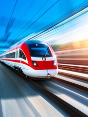 Obraz premium High Speed Rail Journey - A red and white high-speed train speeds along modern railway tracks, symbolizing progress, efficiency, travel, technology, and speed