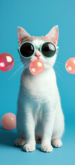 Obraz premium Stylish cat with sunglasses and bubbles on blue background