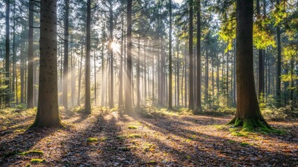 Fototapeta premium Sunbeams in Autumn Forest Landscape Photography