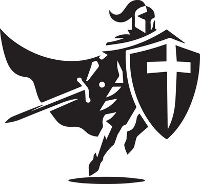 Black and white knight illustration with sword and shield design vector