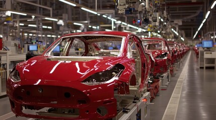 Naklejka premium Automobile assembly plant with chassis moving through automated production stations.