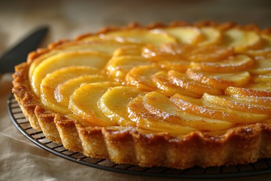 Delicious golden apple tart with a glazed finish arranged in a beautiful pattern Ready to enjoy this dessert is perfect for any occasion