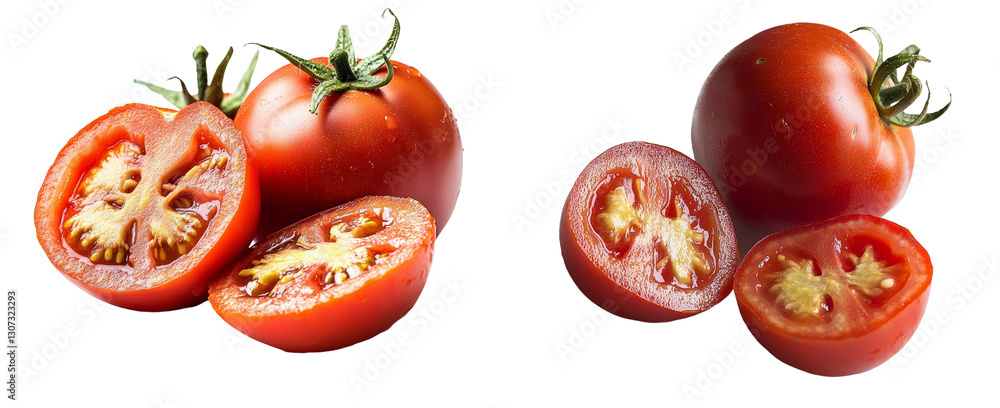 Poster the picture presents whole and sliced tomatoes on a white background, utilizing a full depth of fiel