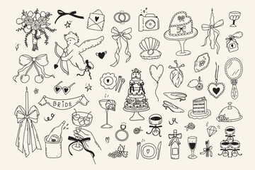 Set of line art wedding icon isolated. Whimsical coquette trendy hand drawn valentine doodle sketch. Vintage amore angel quirky bow, party menu, dinner card. Vector outline illustration
