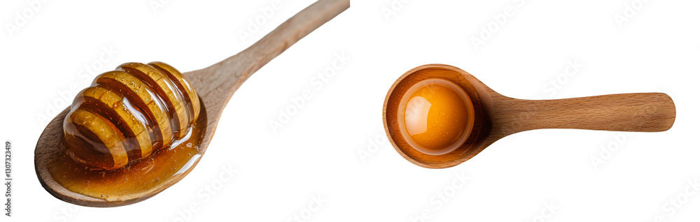 Poster a white background serves as the setting for honey and a wooden dipper