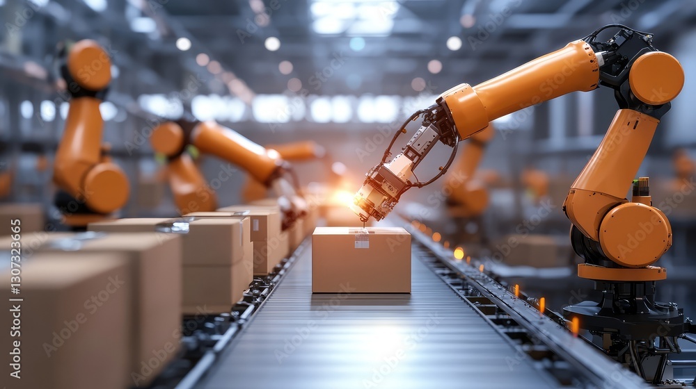 Poster factory production line with automated robots assembling home appliances.