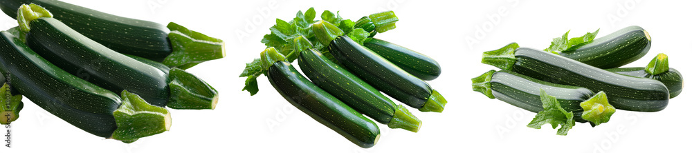 Poster on a white background, a slice of fresh green zucchini is displayed from the top in isolation