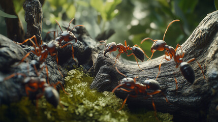 close up of ants walking on wood in the forest