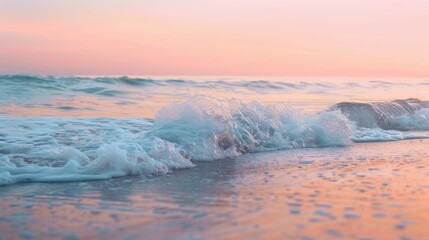 Naklejka premium Gentle ocean waves breaking softly onto a sandy shore at sunset