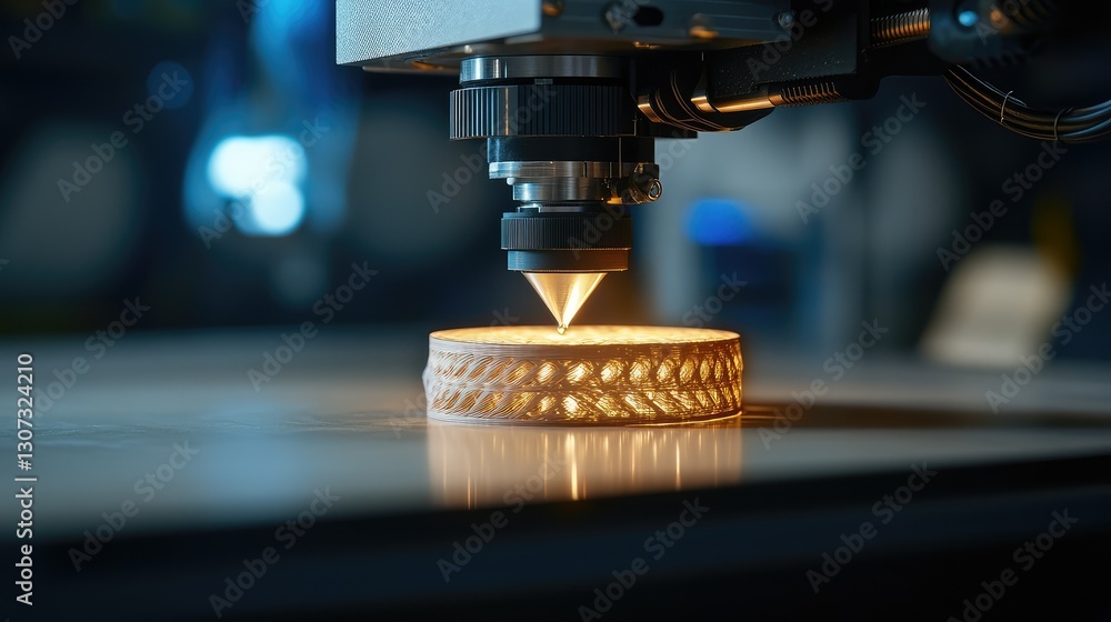 Poster industrial 3d printer manufacturing a complex mechanical part layer by layer.