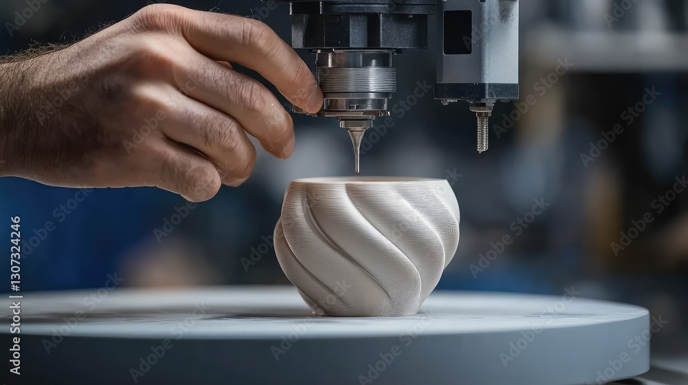 Poster industrial 3d printer manufacturing a complex mechanical part layer by layer.