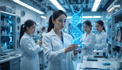 Fototapeta premium A Young Scientist Carefully Examines A Glowing Dna Strand, A Symbol Of Groundbreaking Genetic Research Within A Modern Lab, Illuminated By Cool Blue Light Isolated on Transparent Background