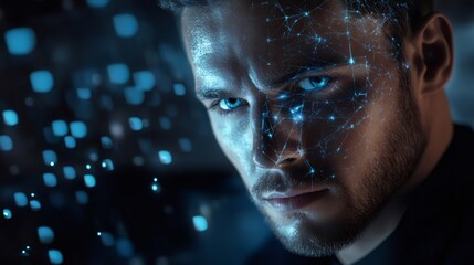 Businessman experiencing the digital age with a futuristic facial recognition grid overlayed on his face