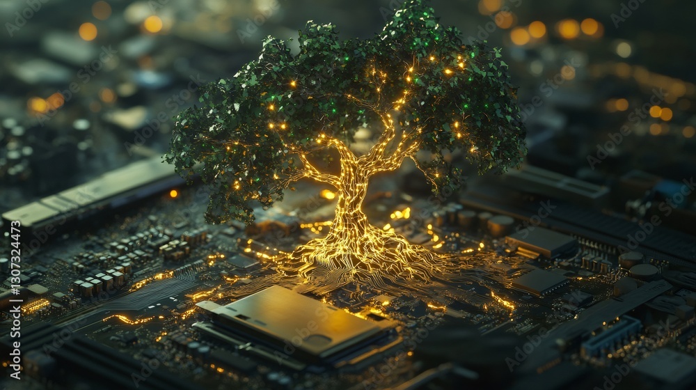 Poster luminous tree with golden roots growing on a motherboard, representing the concept of artificial int
