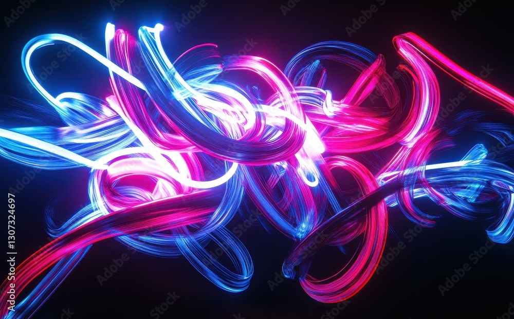 Poster vibrant abstract light trails in blue and pink against a dark background creating artistic patterns 