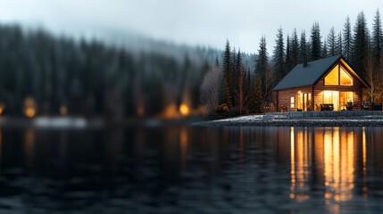 Fototapeta premium Cozy Cabin by Serene Lake Surrounded by Tall Pine Trees at Dusk with Warm Light Glowing from the Windows