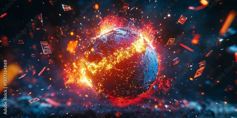 Poster fiery planet exploding with debris and sparks.
