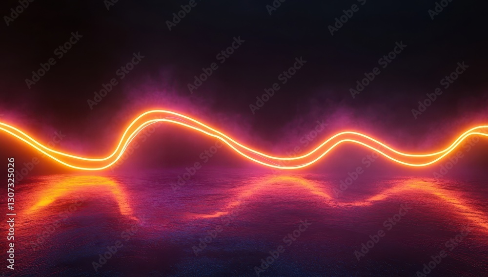 Poster vibrant abstract light waves in neon colors reflected on a glossy surface with misty background for 