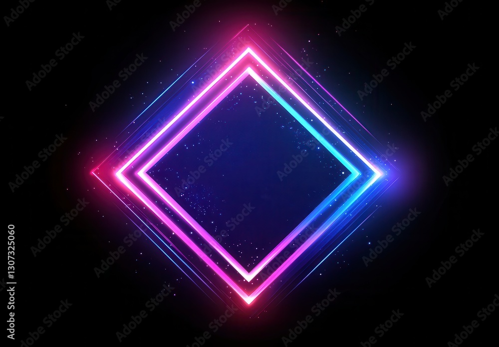 Poster vibrant abstract neon diamond shape with bright gradients and particle effects on dark background fo