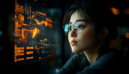 Focused Woman with Glasses Studying Glowing Digital Data on Screen at Night