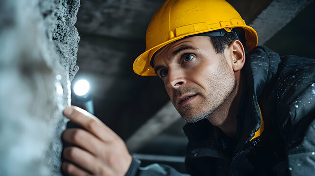 Focused Worker Inspecting Damp Concrete Wall with Flashlight
