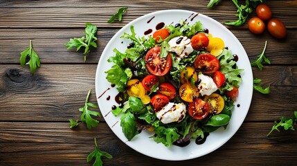Fresh salad with mozzarella, tomatoes, basil, and balsamic glaze on wooden background.