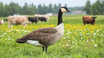 Obraz premium Goose standing in a lush green field with grazing cows nearby