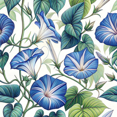 Morning glory flowers in a vibrant floral pattern with rich blue hues