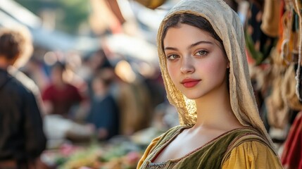 Fototapeta premium Young woman in historical attire at a vibrant market setting