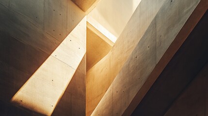 Abstract architectural interior with sunlight illuminating concrete beams and walls, creating geometric shadows and warm light.