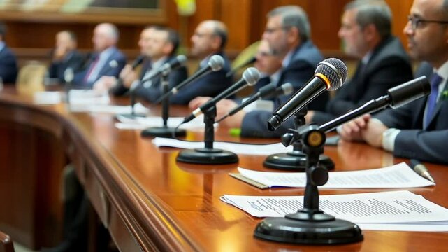 Business meeting, microphones, formal setting, professional discussion