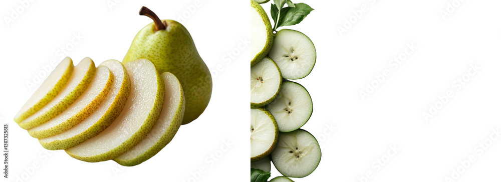 Poster slices of pear, fresh and ripe, are presented on a white background in isolation