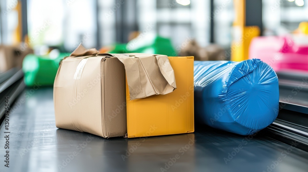 Poster fake recycle concept, recyclable materials being rejected on an assembly line in a modern processing