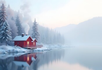 Fototapeta premium Cabin near lake Fusine in winter 