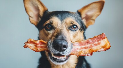 Obraz na płótnie Canvas Dog joyfully holds bacon treat in mouth at home setting
