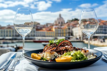 Grilled octopus and scallops with lemon and salad on a restaurant table overlooking a city harbor.