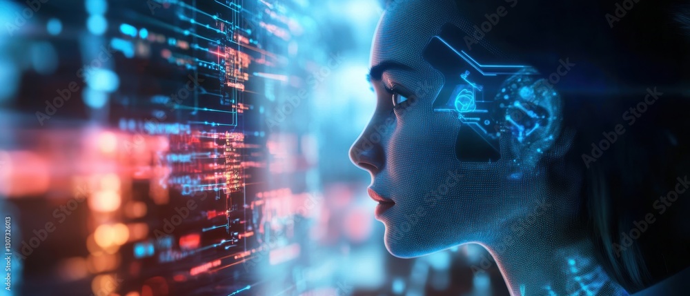 Poster futuristic close-up of a woman's profile with digital interface and neon visuals illustrating artifi