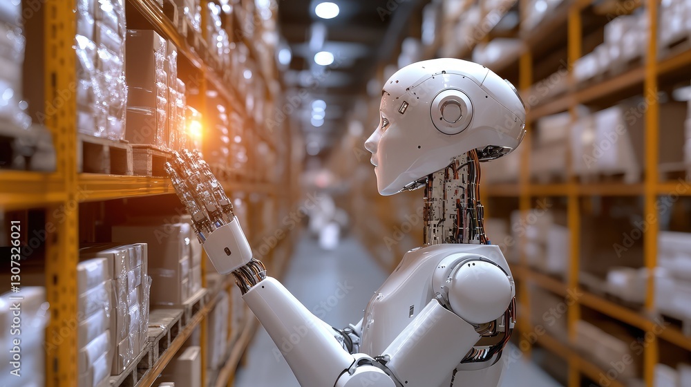 Poster warehouse automation with robotic arms sorting and stacking products efficiently.
