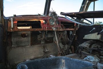 Interior of an Abandoned and Decayed Vintage Fire Truck