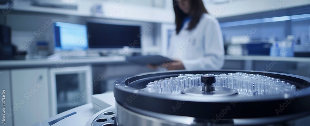 Poster scientist working in a laboratory with centrifuge and test tubes.