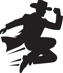 Silhouette of a cowboy jumping with style and artistic flair here now